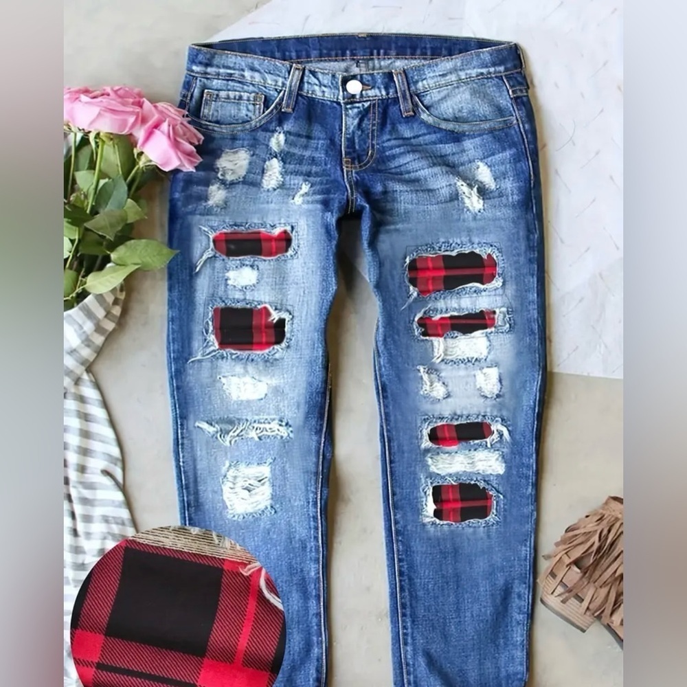 Plaid Patch Distressed Blue Jeans